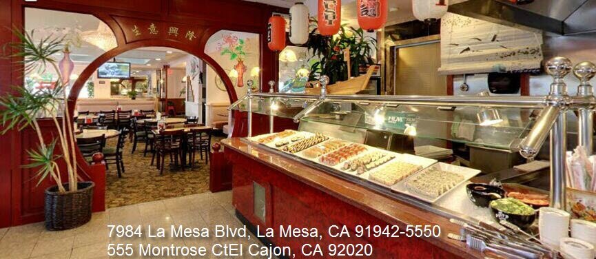Buffet trays with Chinese dishes and sushi.