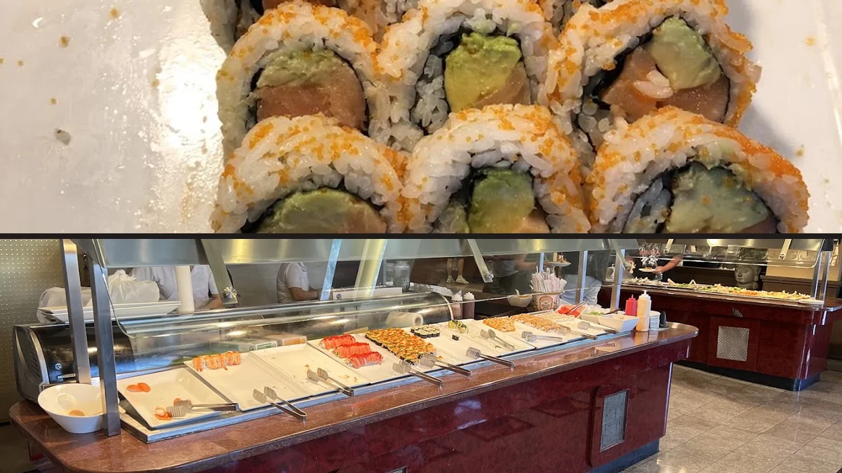 Buffet trays with Chinese dishes and sushi.